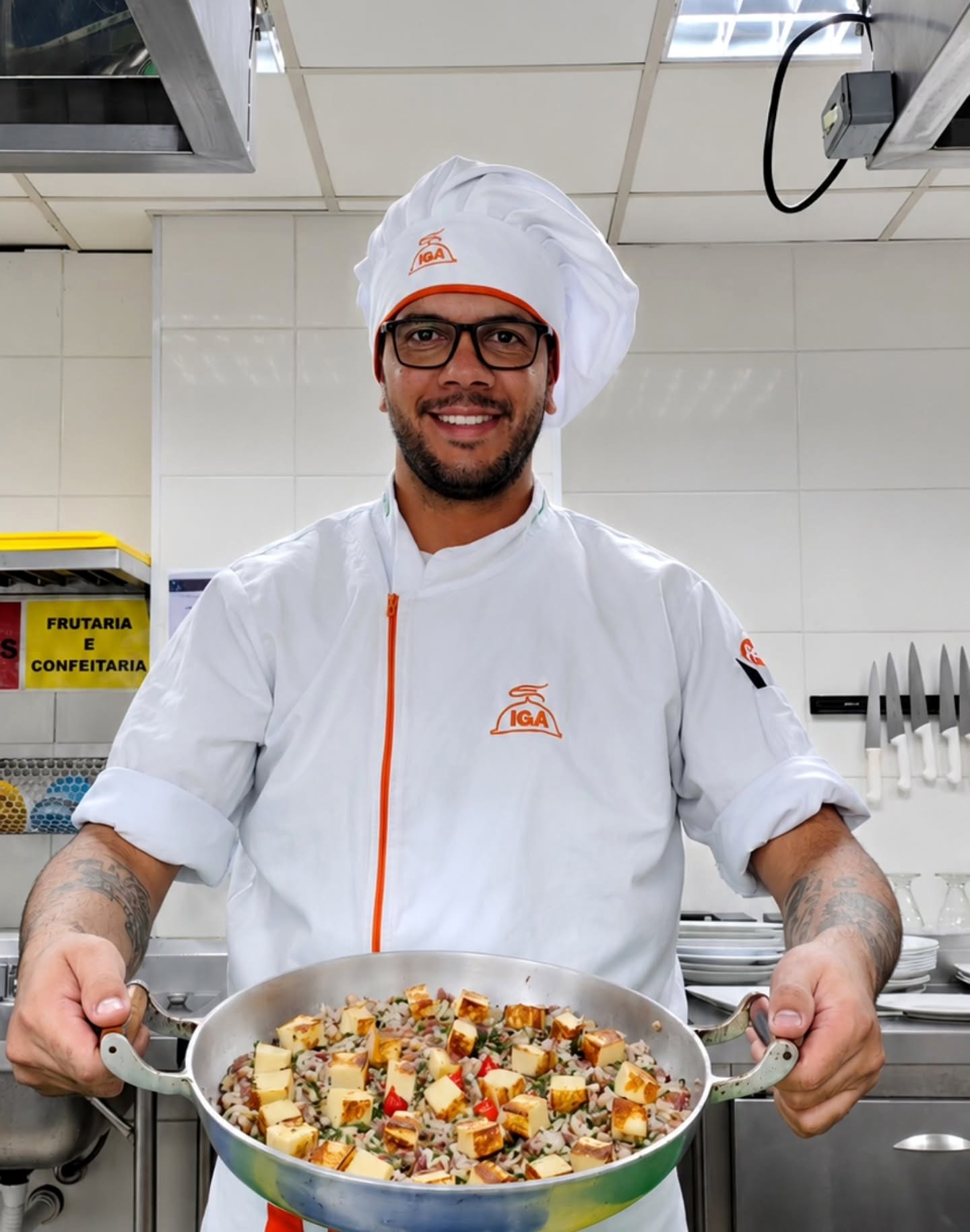 Julio Cabral de uniforme branco em uma cozinha, segurando um preparo em uma panela.